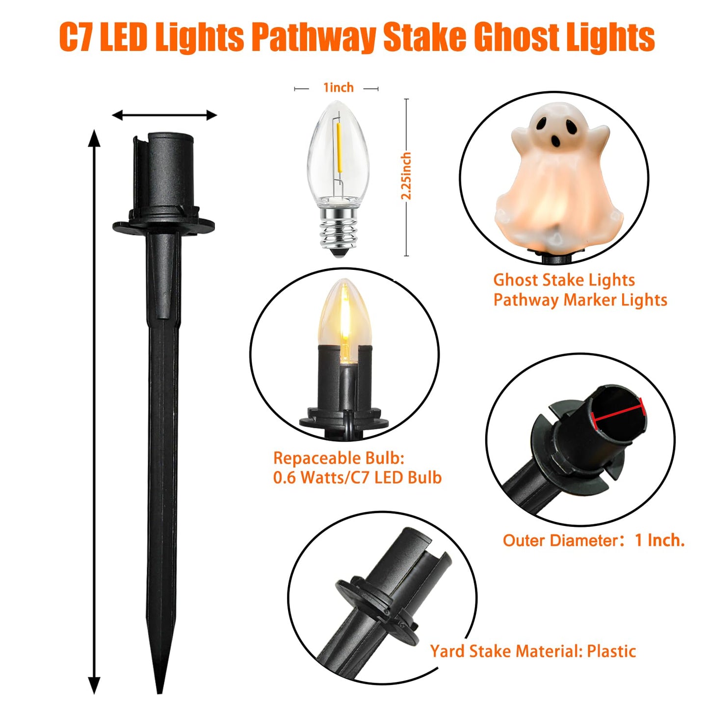 SUNSGNE Halloween Ghost Pathway Lights Outdoor, Set of 4 Ghost Halloween Stake Path Lights with C7 LED Bulbs for Outdoor Yard Walkway Garden Party Decoration