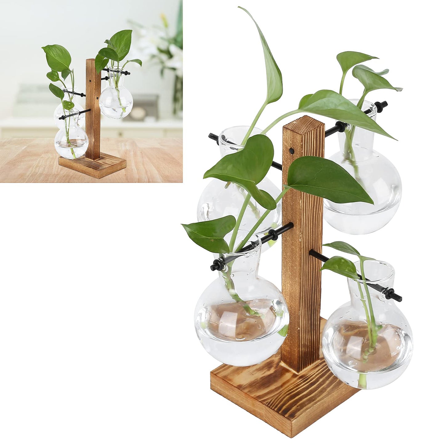 Glass Planter Bulb Vase, Innovative Hydroponic Vase Desktop Plant Terrarium Kit with Wooden Stand Transparent Desktop Flower Vase for Home