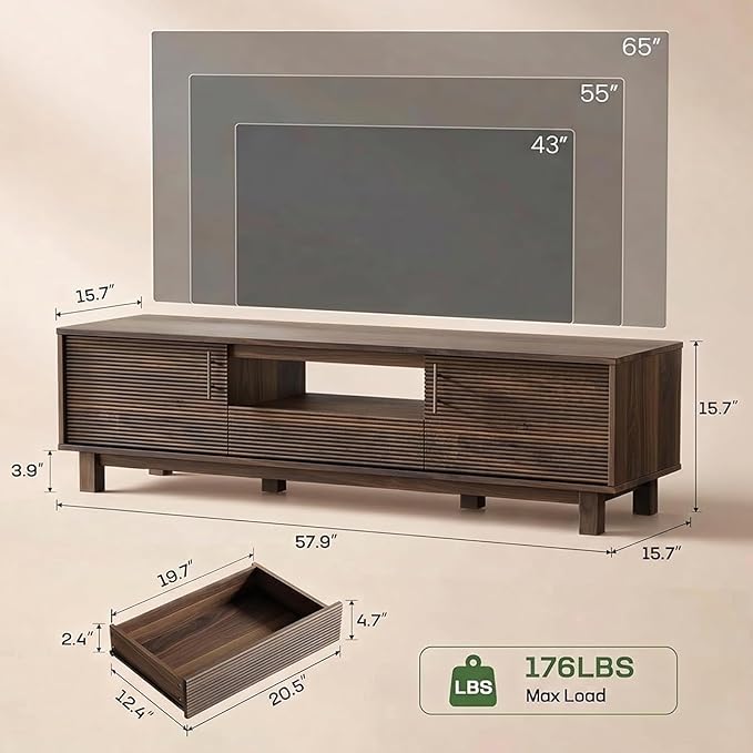 Marsail Mid Century Modern TV Stand up to 65 Inches, Fluted Entertainment Center