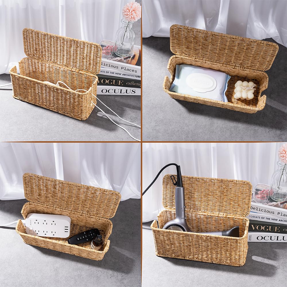 Cable Management Box, Handmade Rattan Cable Organizer, 2 Open Slots Cords Hider Box, Under Desk Cord Organizer for Computer Router USB Hub & Power Strip, Patent Pending, 13" x 5.1" x 5.1", Natural