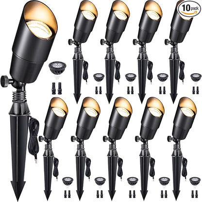 Gardenreet LED Low Voltage Spotlight - 12V AC/DC Black Outdoor Light Fixture, Brass Landscape Lights Hardwired, Weather Proof for Wall Wash Flag with Cool Light MR16 Removable Bulbs (10 Pack)