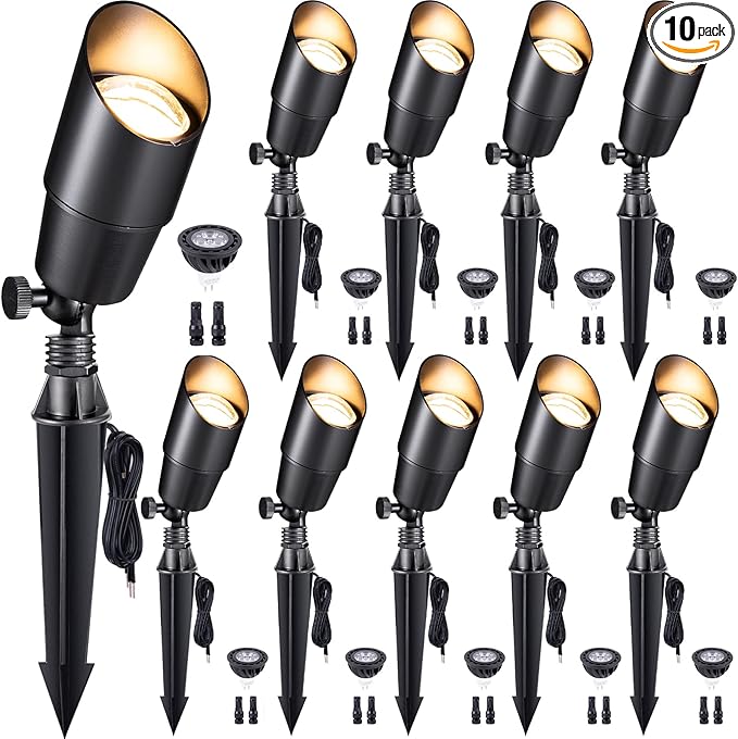 Gardenreet LED Low Voltage Spotlight - 12V AC/DC Black Outdoor Light Fixture, Brass Landscape Lights Hardwired, Weather Proof for Wall Wash Flag with Neutral White MR16 Removable Bulbs (10 Pack)