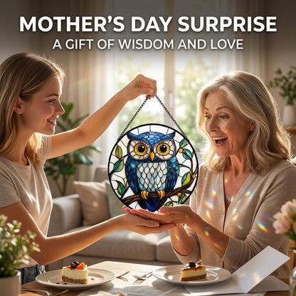 Owl Gifts for Mom - Blue Owl Faux Stained Glass Window Hanging Sun Catcher for Door Garden Acrylic Decor Mother's Day Christmas Birthday Gift for Bird Lovers Women Nana Men Grandma Wife Dad 7.8"