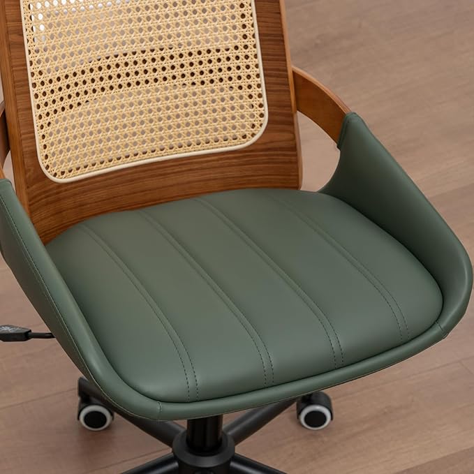 Home Office Desk Chair with Ergonomic Rattan Backrest, Walnut Crafts, Curved