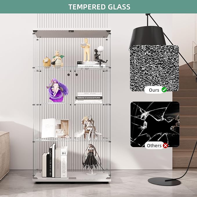 Display Cabinet with Glass Door and Lock, 4-Shelf Curio Cabinets with 5mm