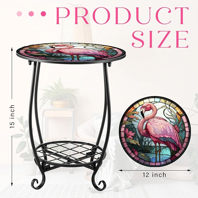 Cinnvoice Outdoor Side Table Round Small Mosaic Patio Accent Indoor End Plant
