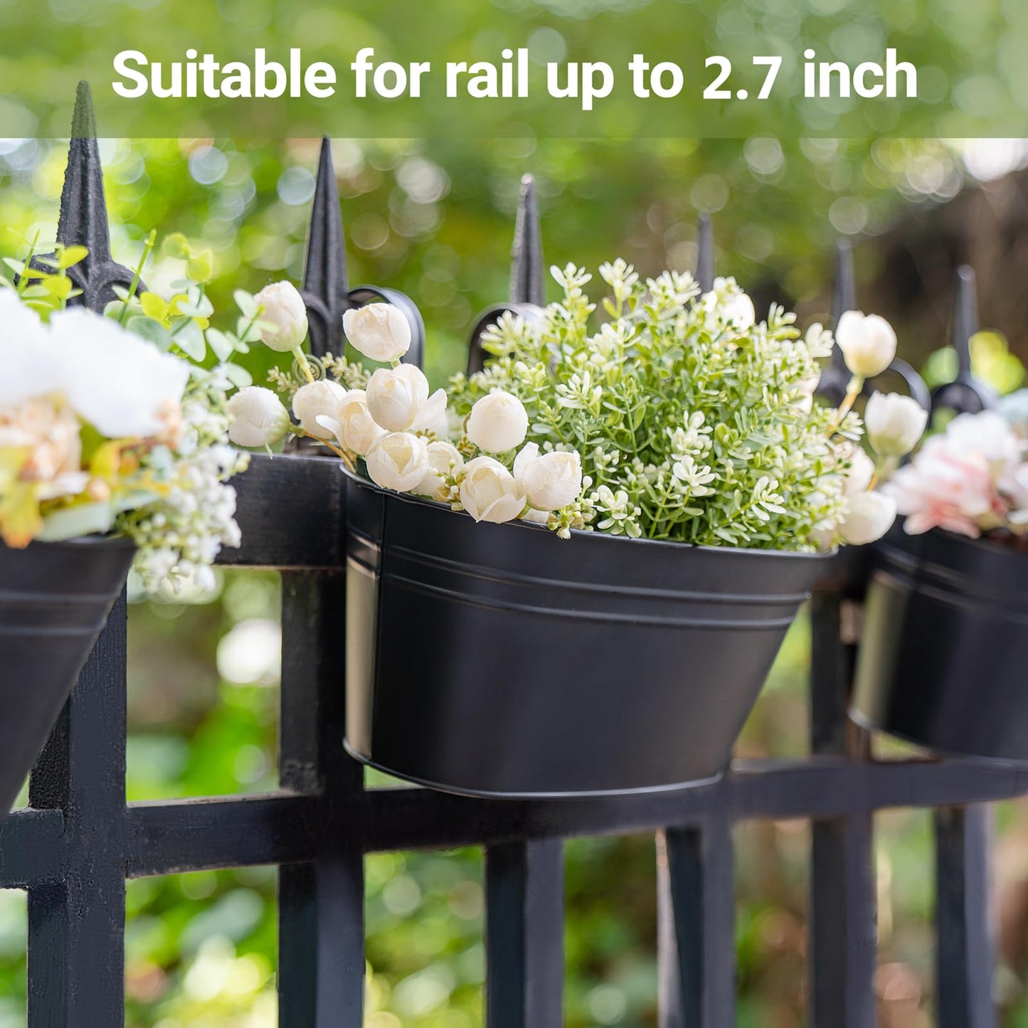 Dahey 10.5 Inch Metal Iron Hanging Flower Pots for Railing Fence Hanging Bucket Pots Countryside Style Outdoor Planter Window Flower Plant Holder with Detachable Hooks Home Decor, Black,4 Pcs