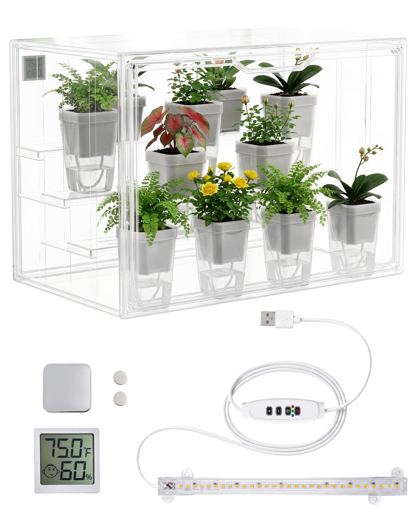 QCQHDU Clear Mini Indoor Greenhouse with Magnetic Door, Grow Light and Hygrometer, 15-Pack 2 Inch Mini Self Watering Pots