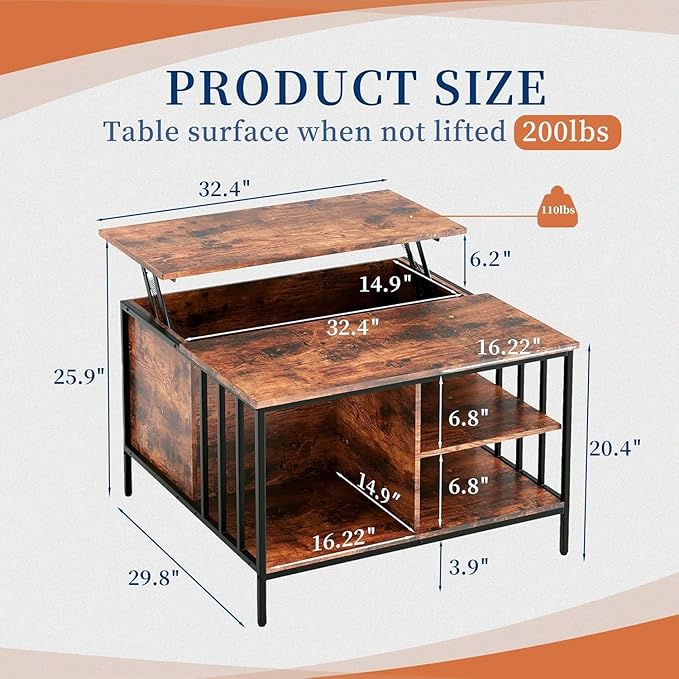 Coffee Table with Storage, Lift Top Coffee Table with Display Shelf and Hidden