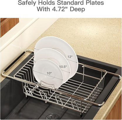 MAJALiS Dish Drying Rack Over The Sink with Utensil Holder, Mat | Expandable Stainless Steel Dish Drainer for Small Kitchen, Apartment, RV, Counter Space Saving, Perfect Fit, Rustproof