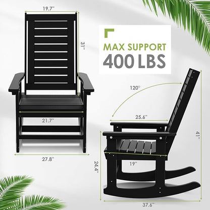 GREENVINES Outdoor Rocking Chairs | Set of 2 | Porch Rocker | HDPE Plastic | Black | Oversized Rockers | High Back | Big & Tall | Ladder Back | for Patio Outside Backyard Balcony