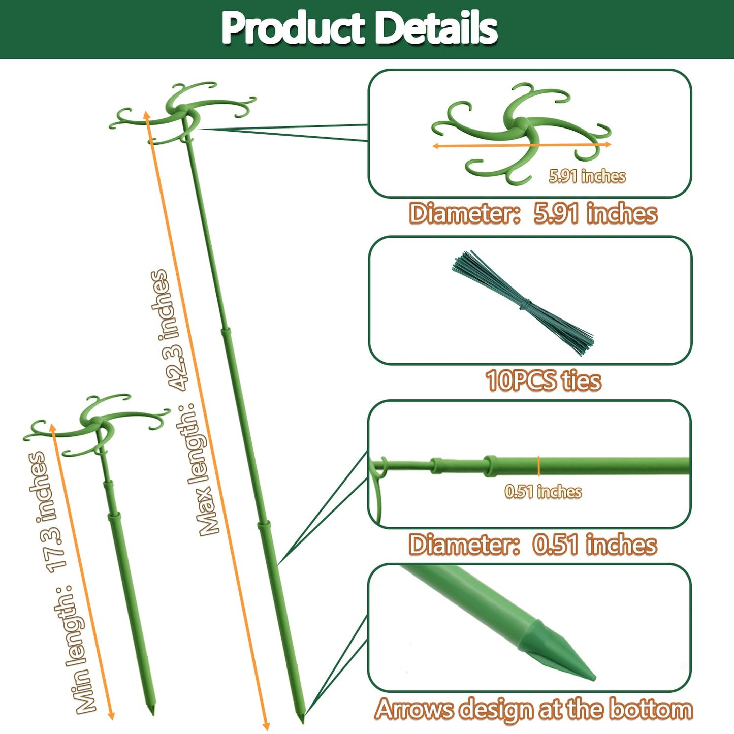 Telescoping Plant Support Stakes,5Pack 17.3 to 42.3IN Adjustable Monstera Plant Support,Garden Stakes with Clips,Sturdy Plant Sticks for Indoor Outdoor Plants, Orchid, Tomato, Vine,Monstera