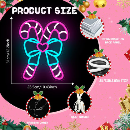 Pink Candy Canes Neon Sign Candy Christmas Neon Sign for Wall Decor Pink Christmas Decor Led Sign with Bow Xmas Neon Light Up Signs for Window Bedroom Holiday Xmas Party Home Decoration Gift Winter