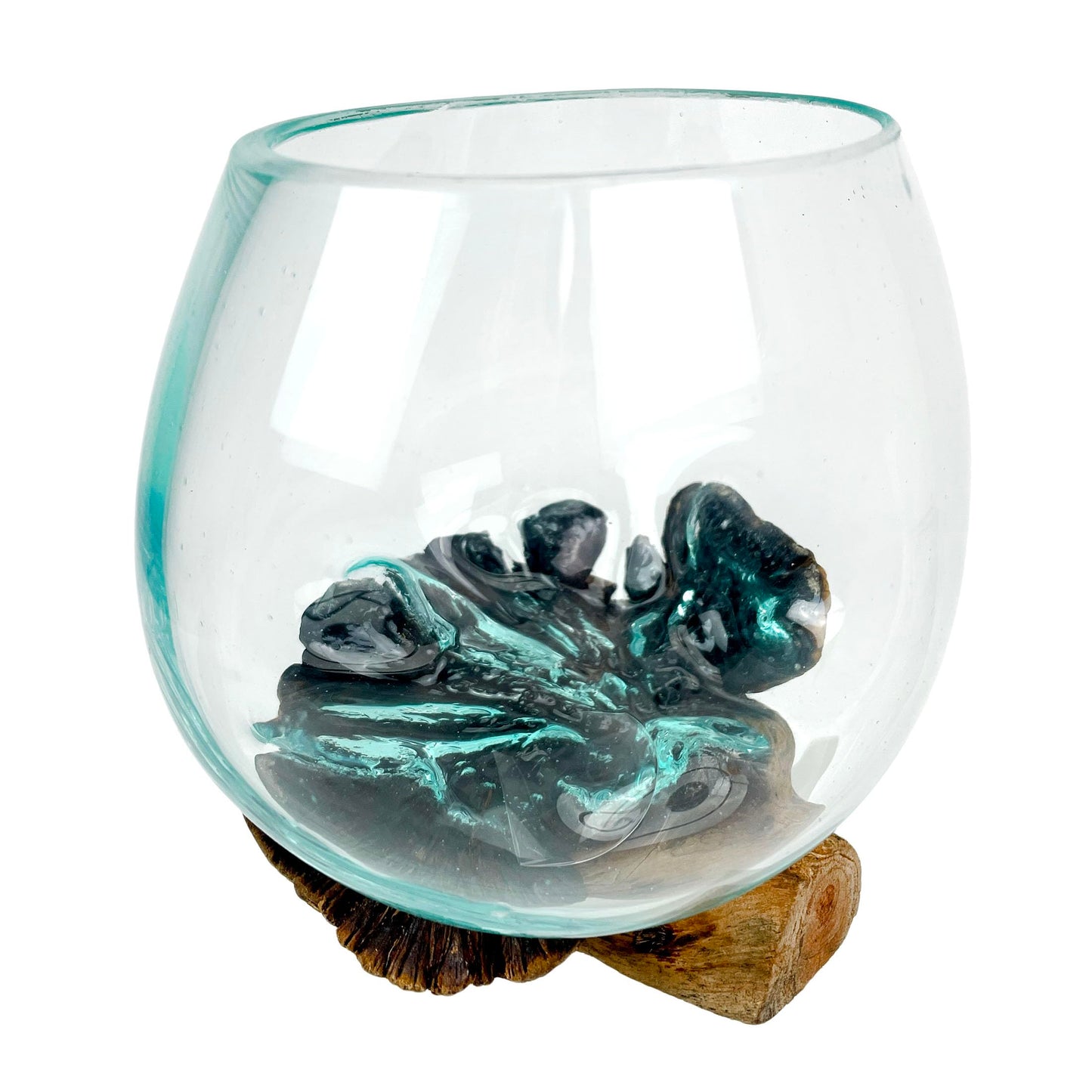 Melted Glass on Gamal Root Wood Decorative Bowl, Vase, and Terrarium Planter - Approximately 5 Inches High - Nature-Inspired Artistry for Home and Garden
