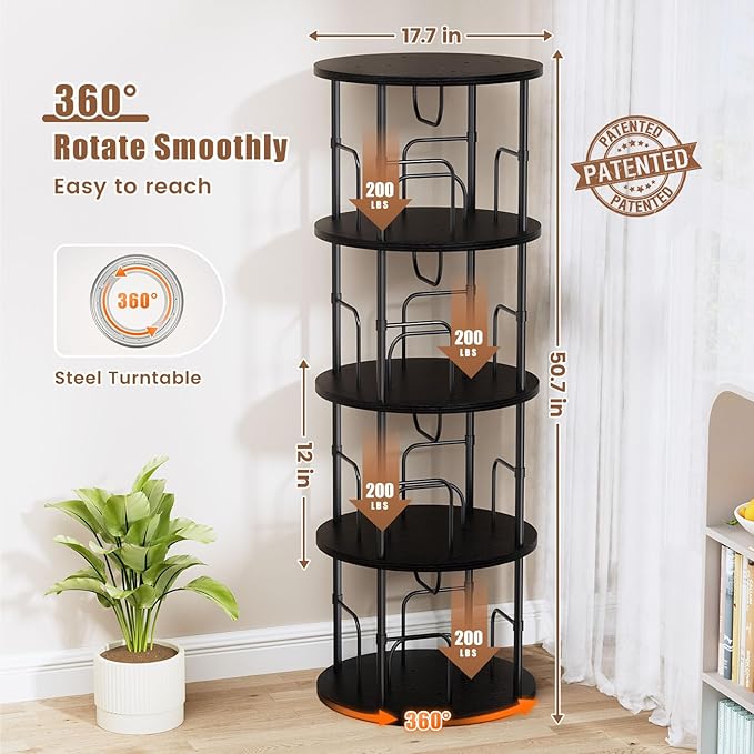 ALLSTAND Rotating Bookshelf, 4 Tier Spinning Bookshelf Tower, 360° Display