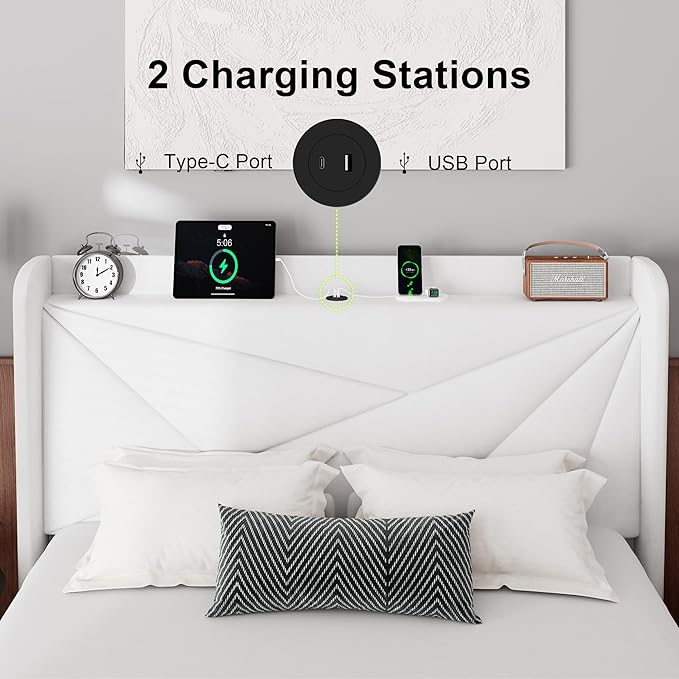 Feonase Full Bed Frame with Charging Station, Velvet Upholstered Platform