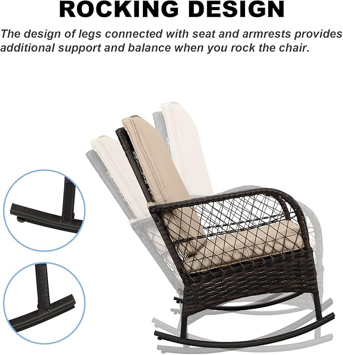 LEVELEVE 3 pcs Rocking Bistro Set Conversation Chairs PE Wicker Outdoor Rocking