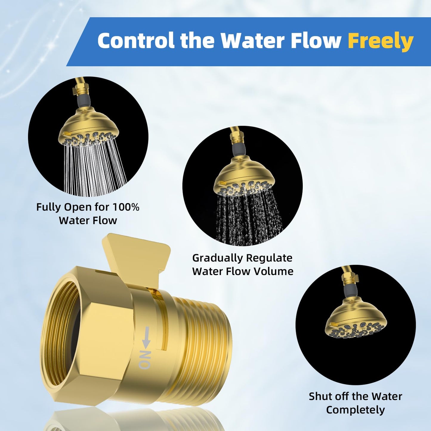 Hibbent All Metal 1 Pack Shower Head Flow Control Valve, G1/2 Brass Shut-off Valve with Metal Handle Lever, Shut OFF Water Flow Control Regulator for Handheld Shower, or Bidet Sprayer, Brushed Gold