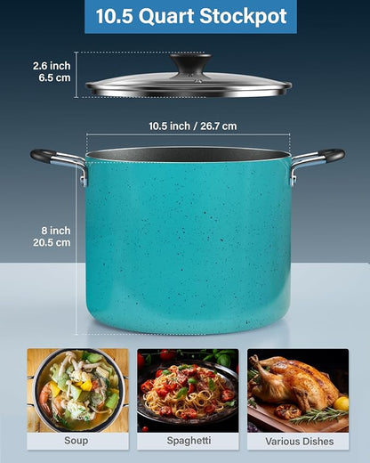 Cook N Home Professional 10.5 Quart Nonstick Stock Pot with Lid, Riveted Handles, Big Soup Pot for Holiday Feasts, Stockpot with Even Heating, Induction Cookware, Oven & Dishwasher Safe, Turquoise