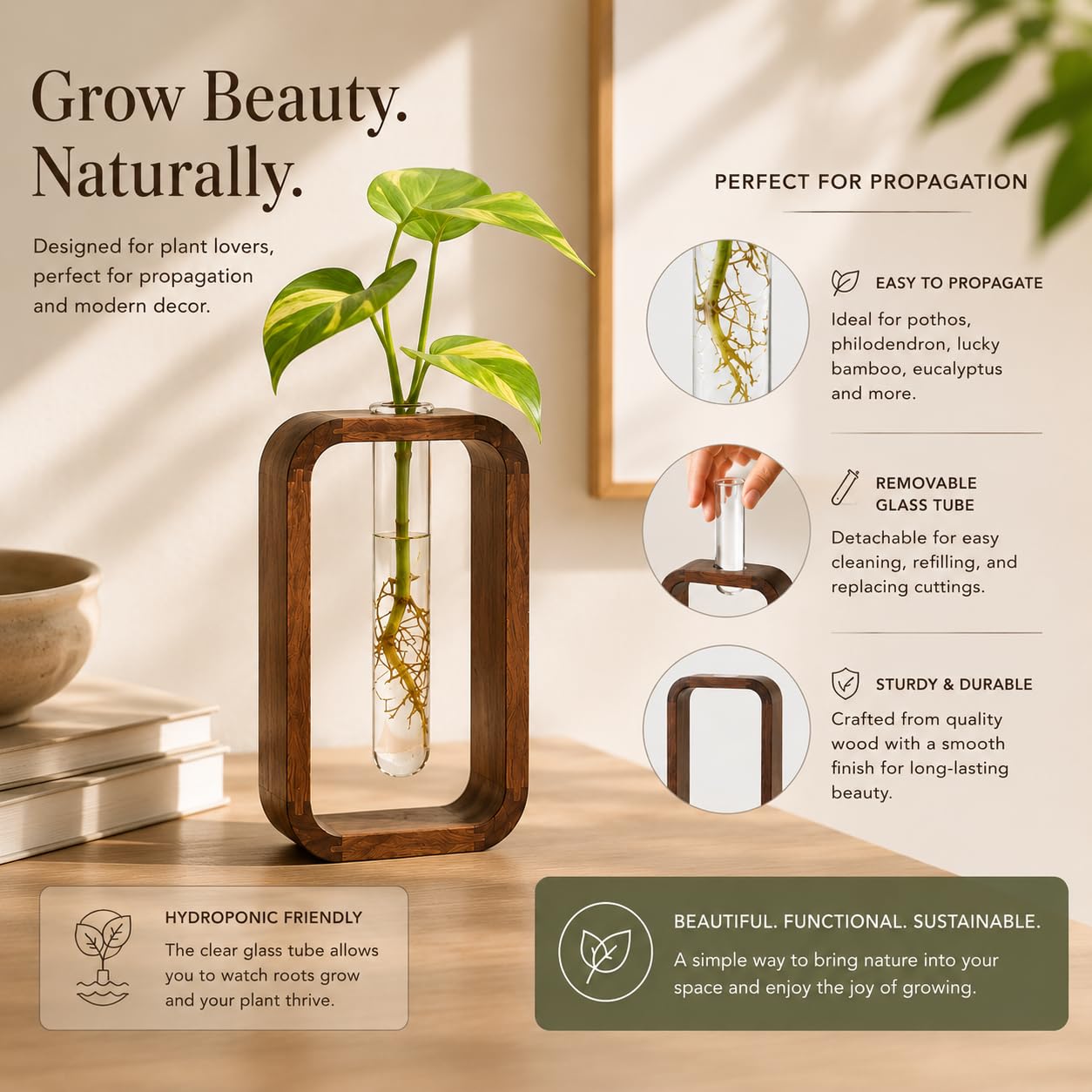TerraSol Modern Wooden Frame Glass Vase Hydroponic Planter – Minimalist Square Propagation Station with Test Tube Vase – Indoor Plant Terrarium for Flower, Cuttings & Home Office Decor