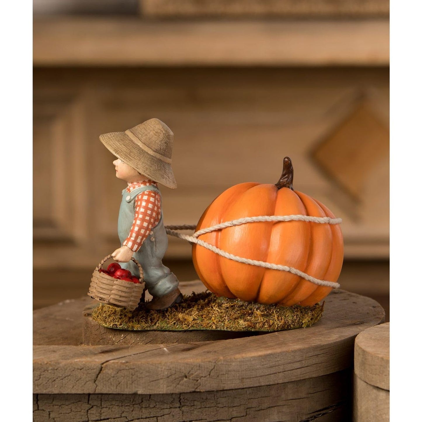 Bethany Lowe Paulie Pulling Pumpkin Figurine, Resin, Multicolor
