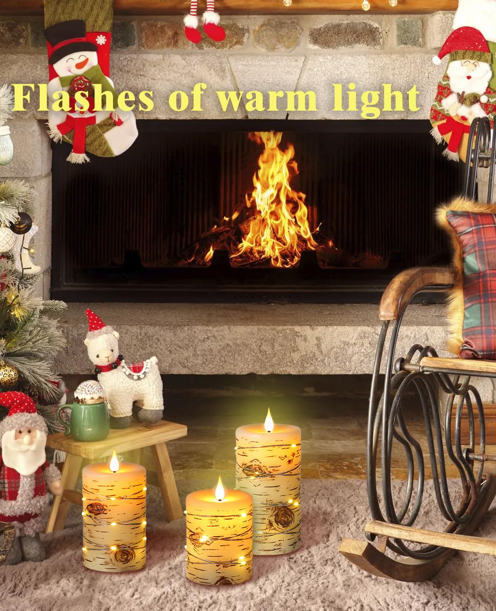 Da by 3 Pack Birch Bark Real Wax Flameless Candles, Flickering LED Taper Candles with Copper String Lights, Battery Operated Candles with Remote for Farmhouse Wedding Home Decor