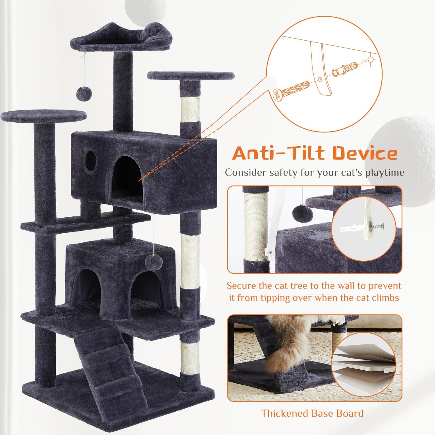Sweetcrispy 54 Inch Cat Tree Tower, Multi-Level with Cat Scratching Post, Indoor Cat Condo with Climbing Ladder, Plush Toy, Play House for Cat, Grey