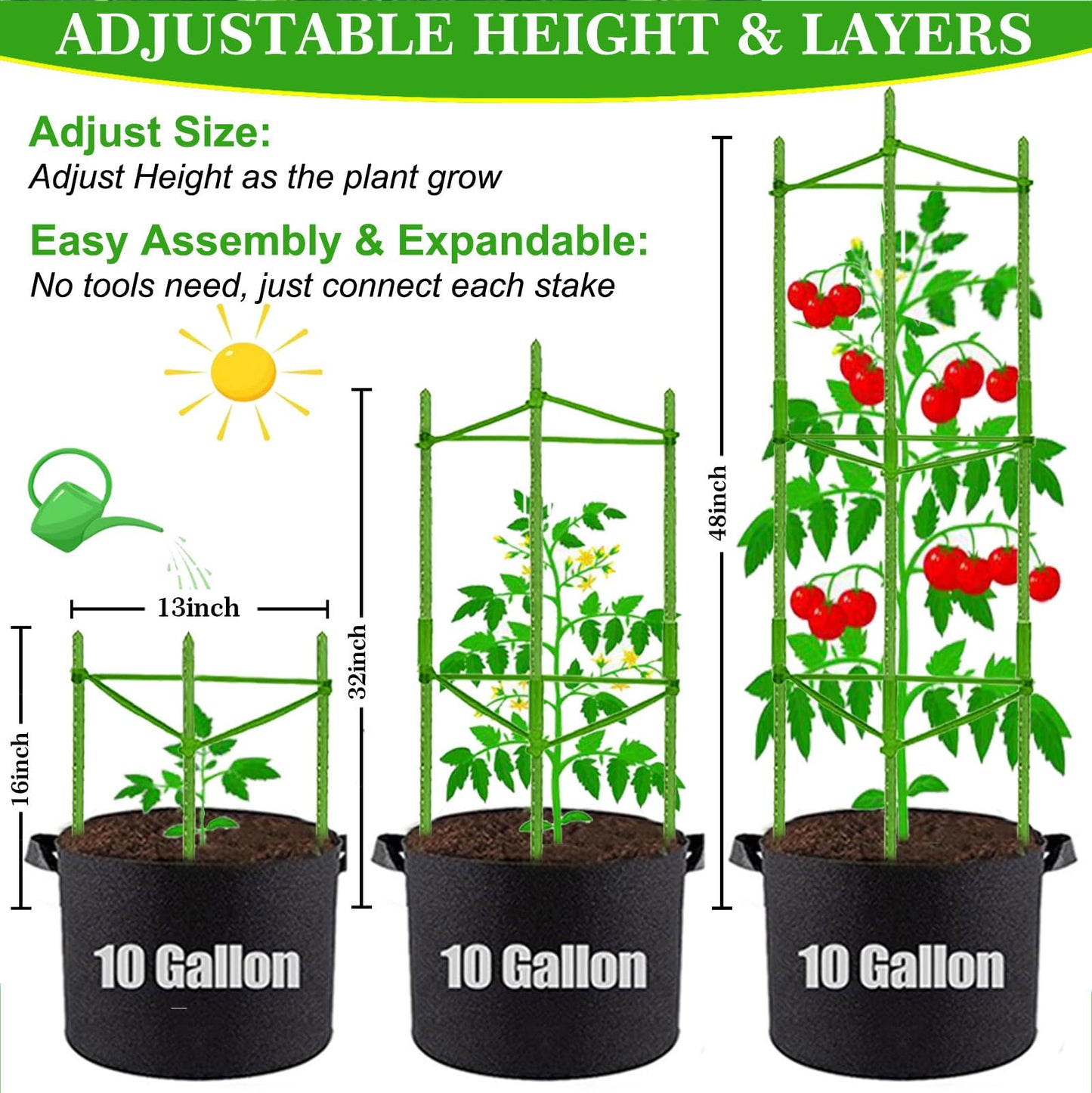 Tomato Cages with 10 Gallon Grow Bags, 48 Inches Garden Tomato Planter, 3-Pack Tomato Trellis for Raised Garden Bed, Tomato Cage Pots Plant Support Stakes Trellis for Climbing Plants Vegetable Flowers