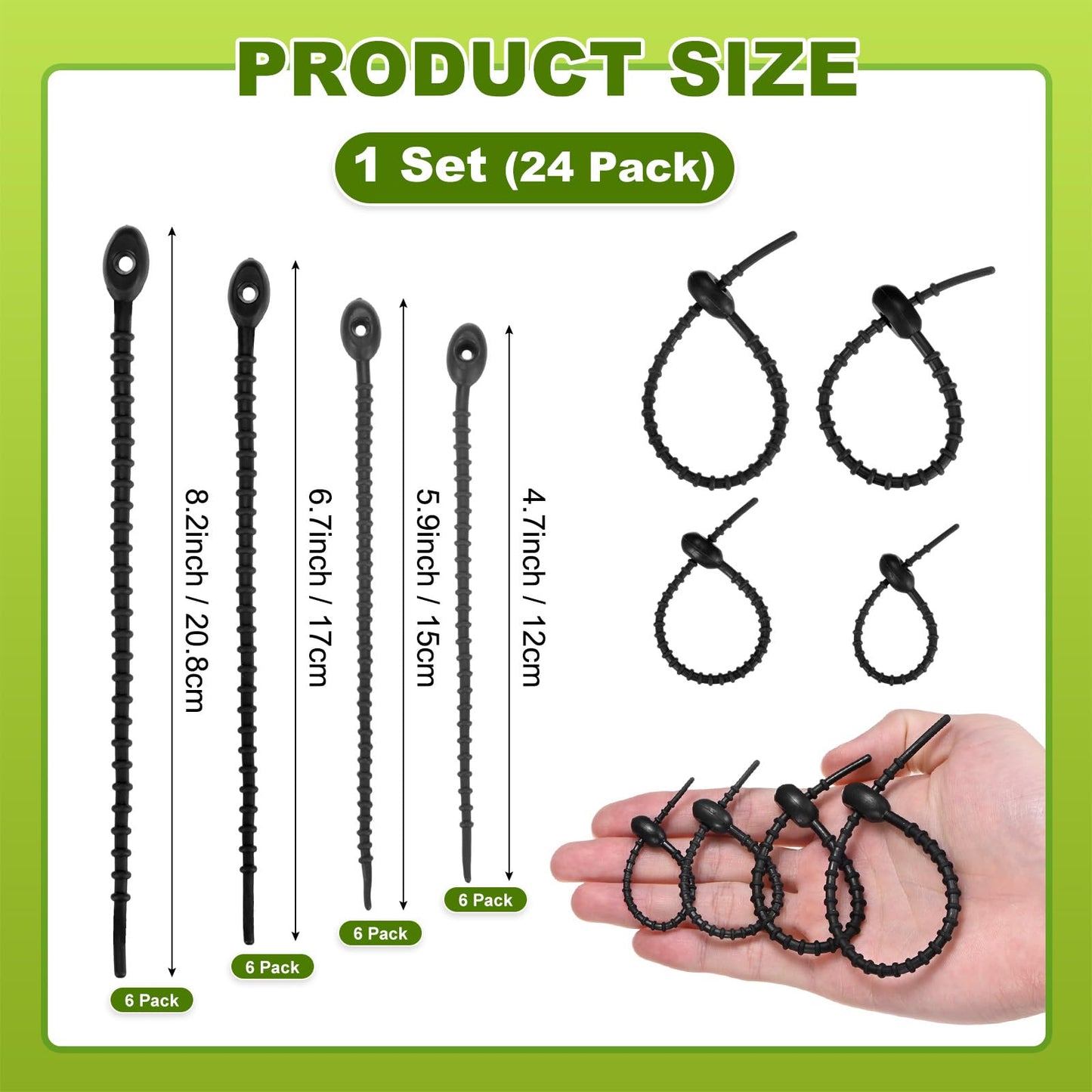 M METERXITY 48-Pack Adjustable Plant Ties, 4.7/5.9/6.7/8.2 Inch Silicone Flexible Multi-Function Garden Twist Tie for Crafts/Gift Wrapping/Gardening Plants, Reusable Support Twine [Black]