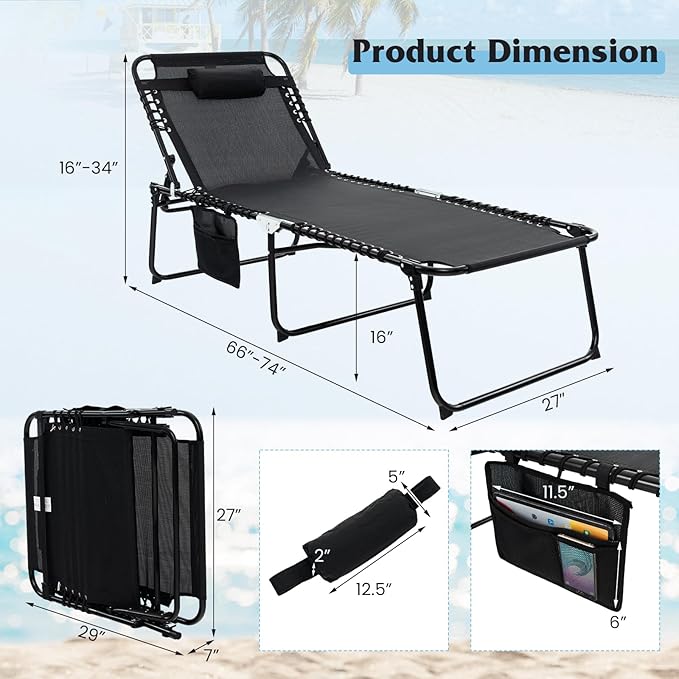 GYMAX Lounge Chair for Outside, 440lbs 27” Oversize Folding Beach Tanning