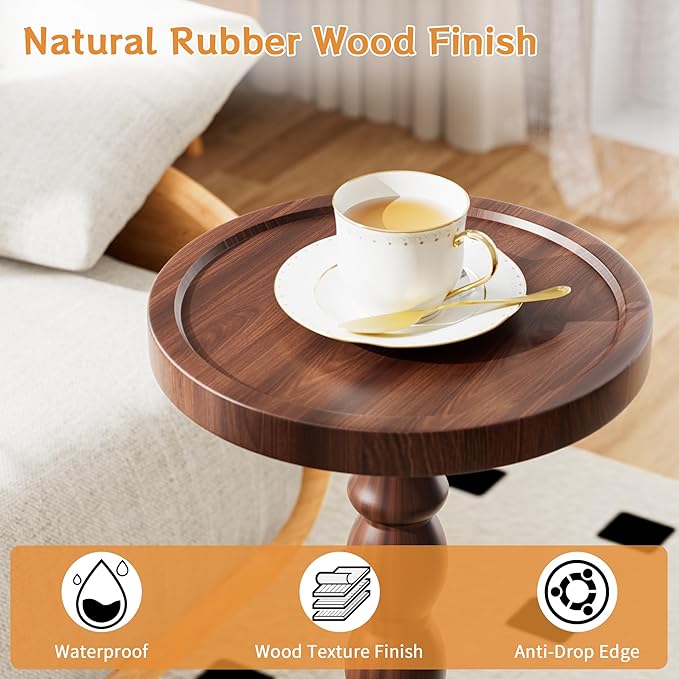 Solid Wood Drink Table, Rubber Wood‌ Small Round Side Table