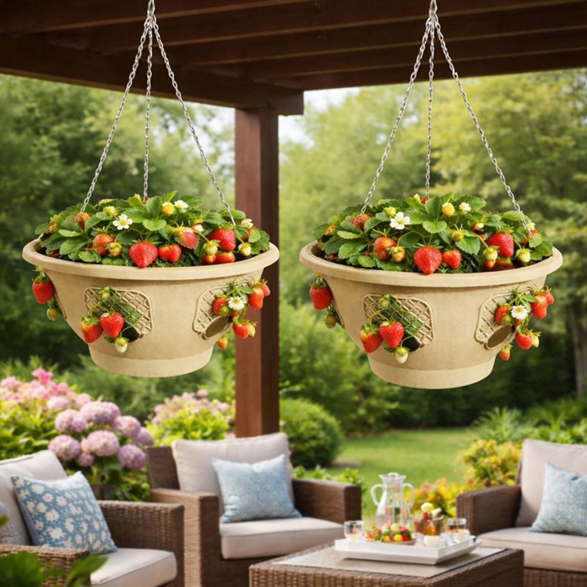 smart spring Ultimate Hanging Basket Strawberry & Flower Planter – 6 Side Planting Spaces, Drainage Hole, 1” Water Reservoir, Zinc-Plated Chain Included, Made in the USA (Desert Sand)