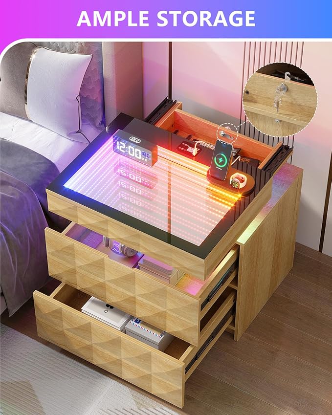 HWB Nightstand with RGB Lights, 3 Drawers Night Stand with Hidden Storage