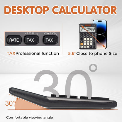 Pendancy Office Small Calculator Desktop with Tax+/- for Tax Calculation, 12 Digit Large LCD Display, Solar Battery Power, Durable Portable Design, Financial Accounting Business Home Use(OS-200T-Gray)
