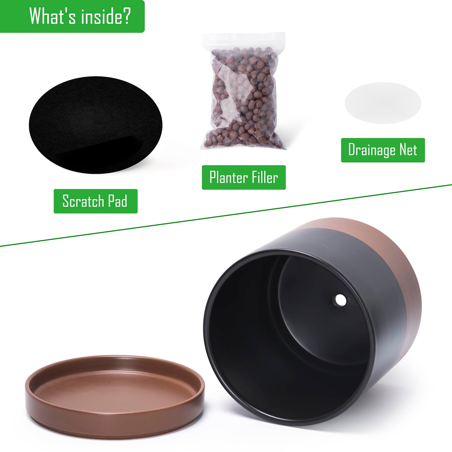 D'vine Dev 10 Inch, Ceramic Planter Pot with Drainage Hole and Saucer, Indoor Cylinder Round Planter Pot, Black/Speckled Tan, 94-O-E-7
