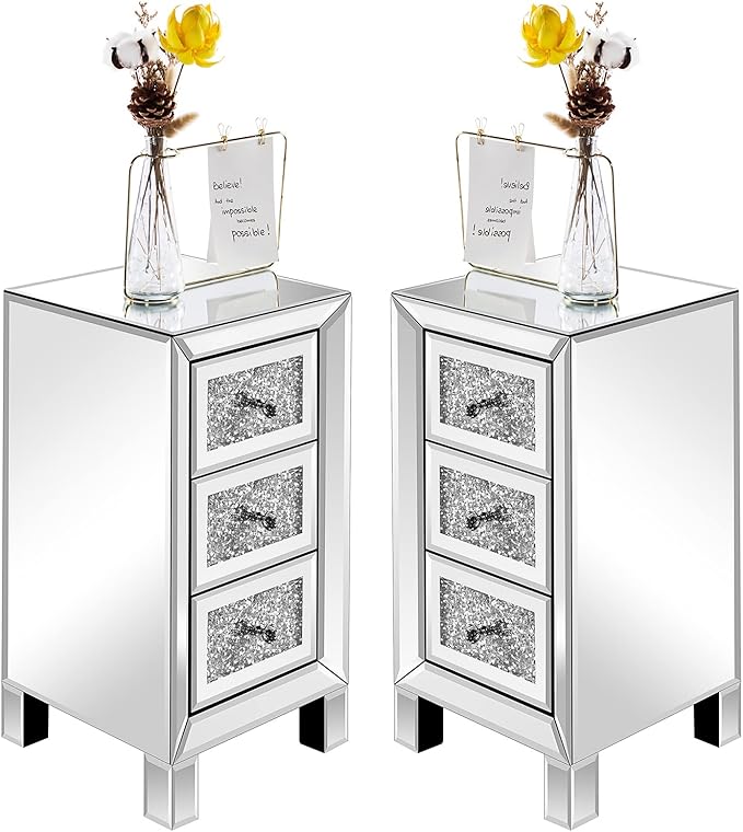 VINGLI 3-Drawer Mirrored Nightstand Bedside Table Modern Night Stands Set of 2