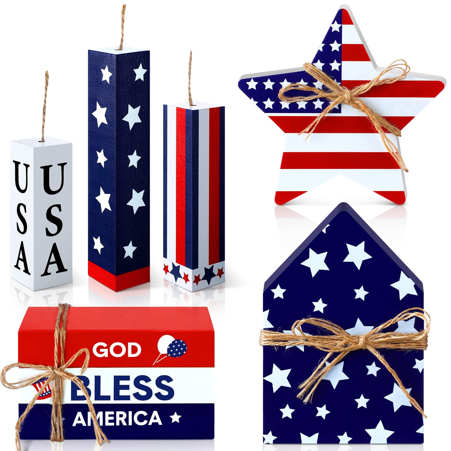 Kigley 8 Pcs 4th of July Table Decorations Wooden Patriotic Decorations 4th of July Tiered Tray Decor Set Faux Book Stack Firework Centerpieces Independence Day Tabletop for 250th Anniversary Home