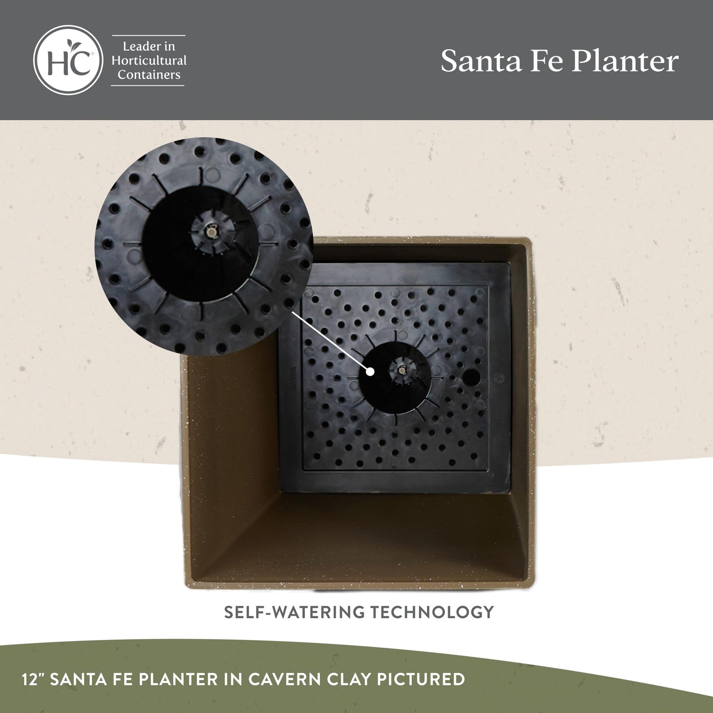 The HC Companies Santa Fe Square Self-Watering Pot - Lightweight Plastic Planter for Herbs & More - Durable Plant Pots for Indoor Plants & Outdoor Plants (12" Black Sand, Pack 1)