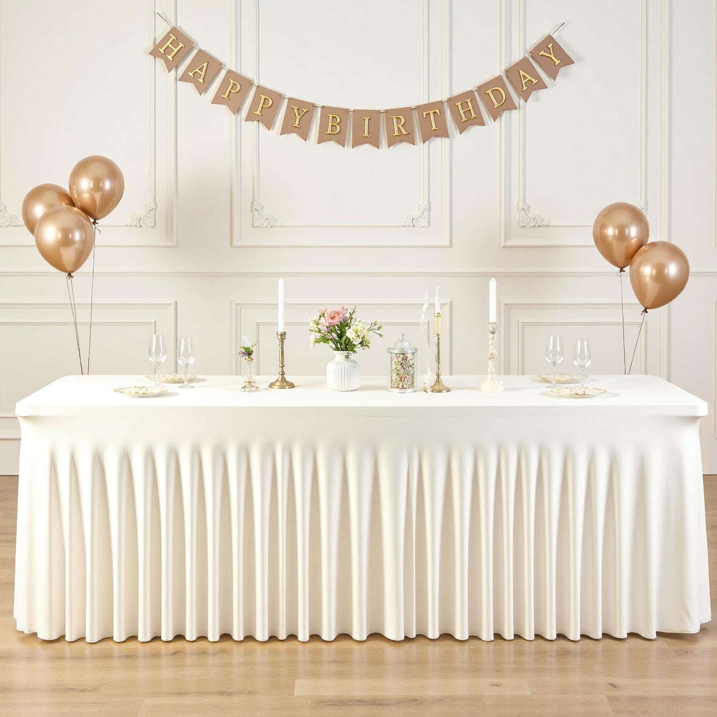 2 Pack Ivory Spandex Tablecloths for Rectangle Tables 6 Foot Ivory Stretch Table Cloth Rectangle 6ft Elastic Fitted Table Cover with Skirt for Wedding Birthday Party Banquet Baby Shower Buffet Event