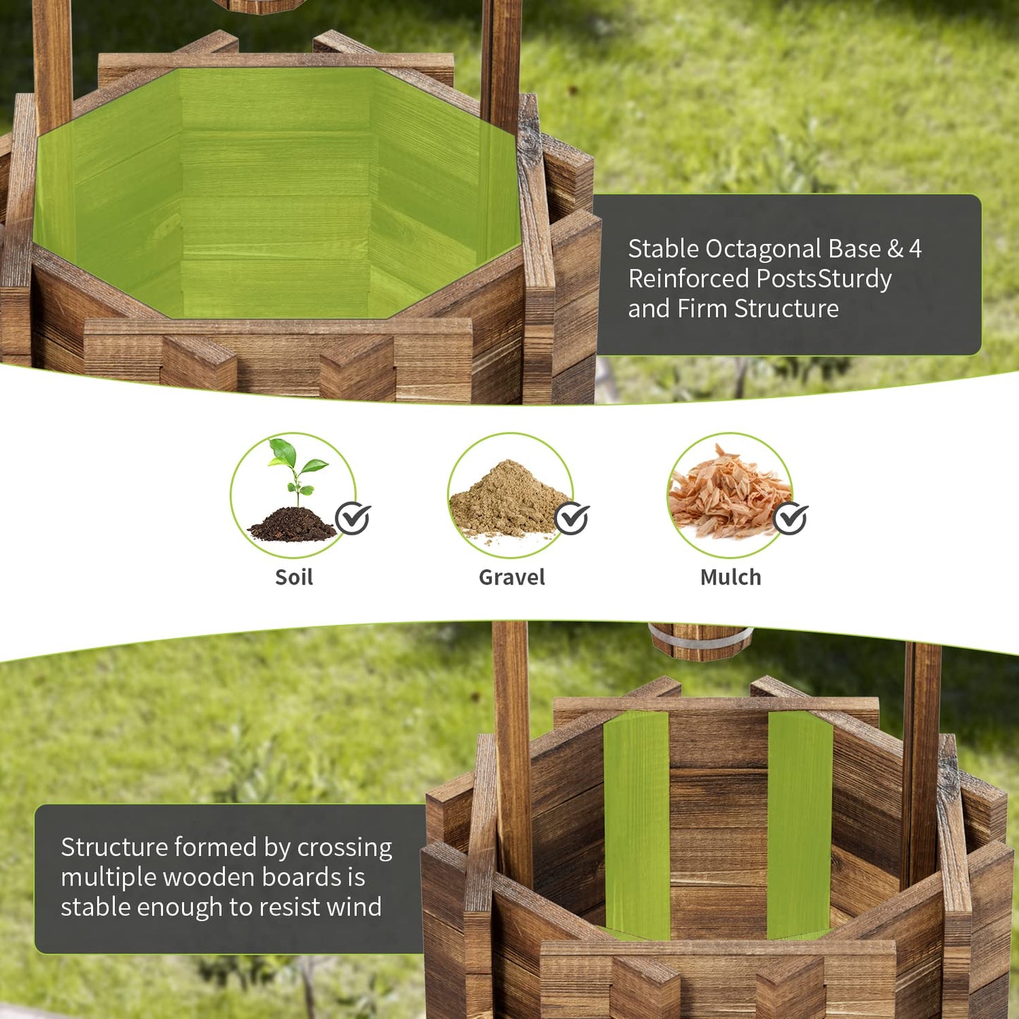 Aoxun Outdoor Wooden Wishing Well Planters with Hanging Bucket, Garden Helper, Rustic Garden Decor for Outside, Yard and Patio, Upgrade - Reinforced Base, Brown