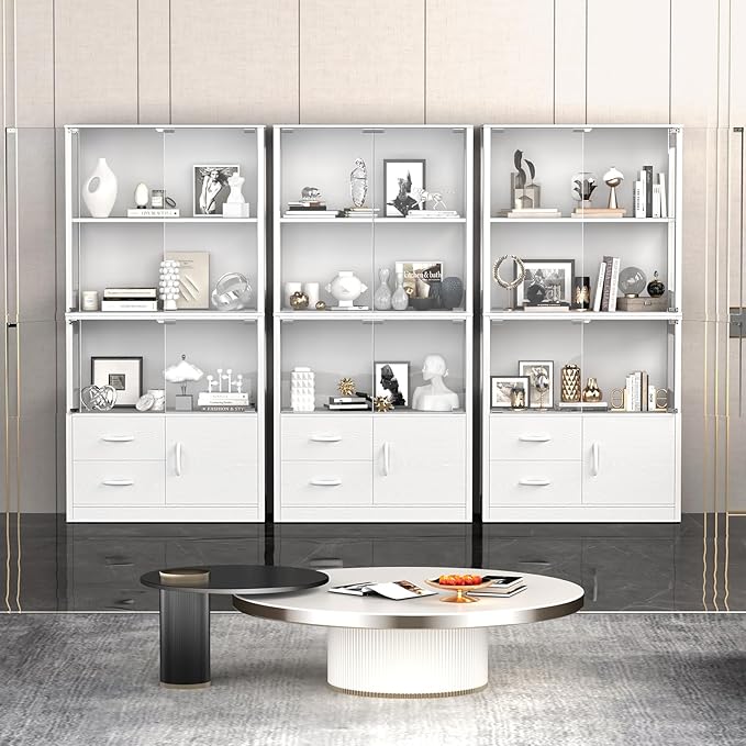 Display Cabinet with Glass Doors, 4-Tier Display Case with 3-Color Lights &