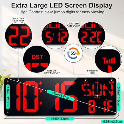 XREXS 17.2" Large Digital Wall Clock Bluetooth Sync Time, Precise Atomic Clocks with Remote Control, Adjustable Dimmer Grandfather Clock, Temperature for Bedroom, Desk Alarm Clock for Elderly