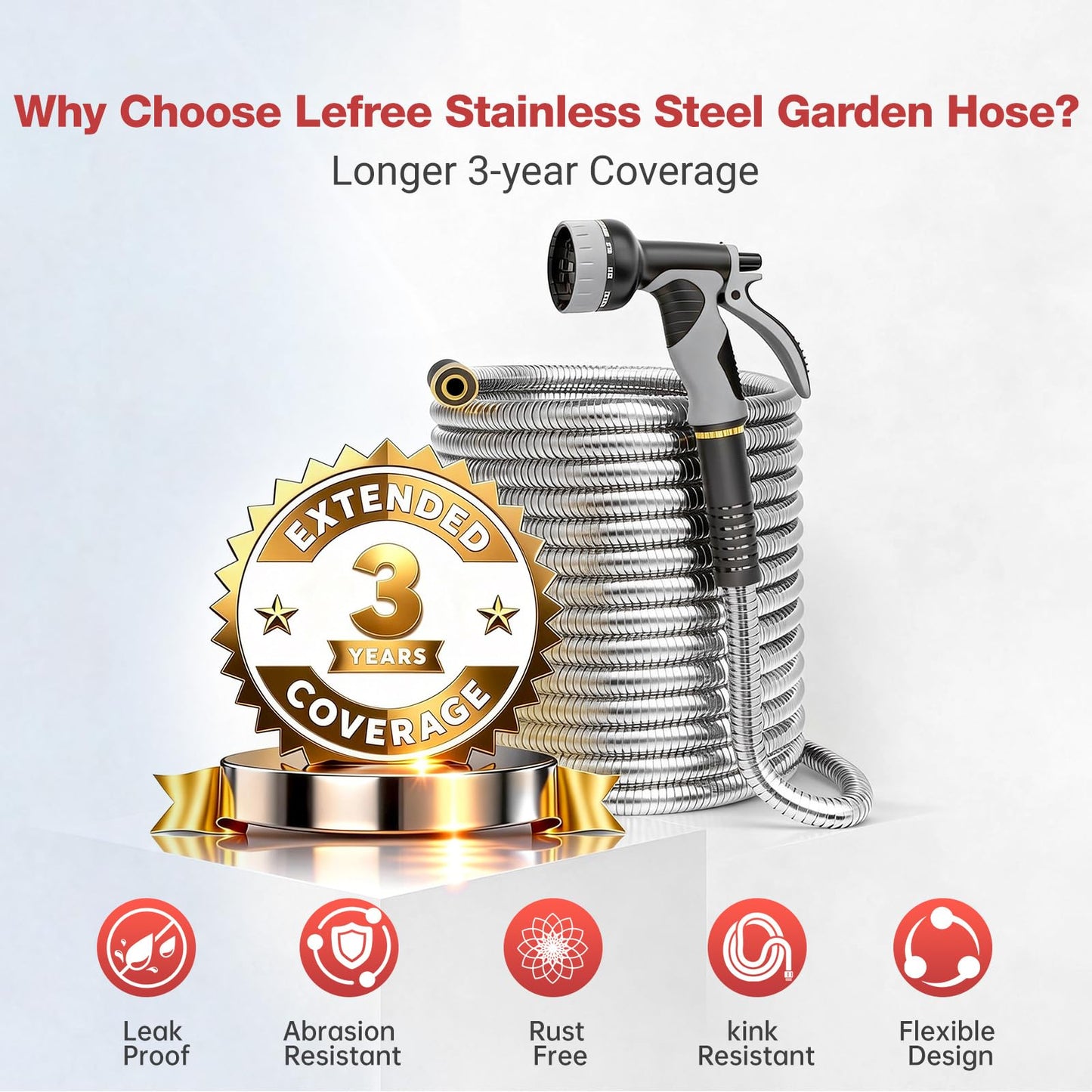 Lefree 125ft Stainless Steel Garden Hose - No-Kink Leak-Proof Crush Resistant, Dog Chew Proof with Upgraded Protective Rubber Sleeve, 10-Function Nozzle for Large Yard, Gardening, RV, Pet Bath