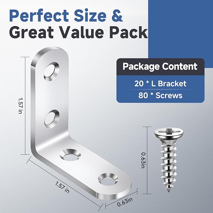 20PCS L Bracket Corner Brace Sets, Stainless Steel L Brackets