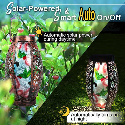 TEYIGARDEN 16" H Butterfly + 16" H Hummingbird Solar Lanterns Glass & Metal Hanging Lantern Outdoor Waterproof Tabletop Light with Hollowed-Out Design for Garden Patio Table Decor Christmas Gifts