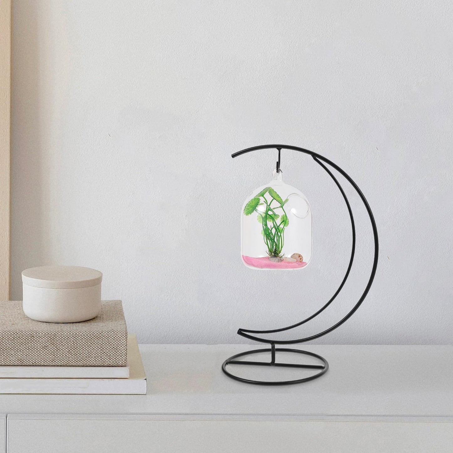 Cabilock Moon-shaped Hanging Hook Stand 2pcs Black Metal Vase Hanging Stand Terrarium Display Rack Air Plant Holder Indoor Outdoor Decorative Plant Bracket