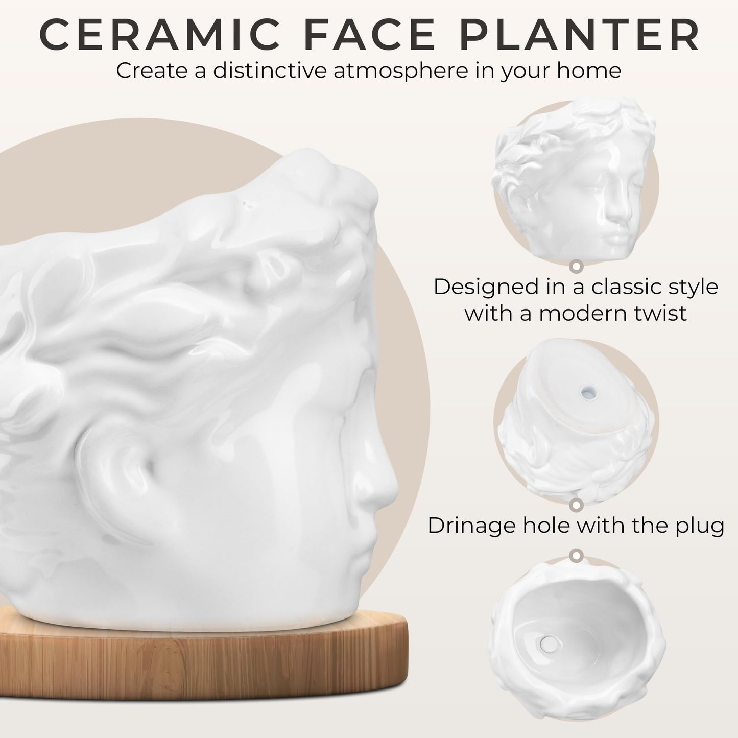 DOMIVKA Small Head Planter - Ceramic Face Planter Pots for Indoor Plants, Cute Funny Succulent Pot with Drainage Hole, Unique Gift, 3.9"