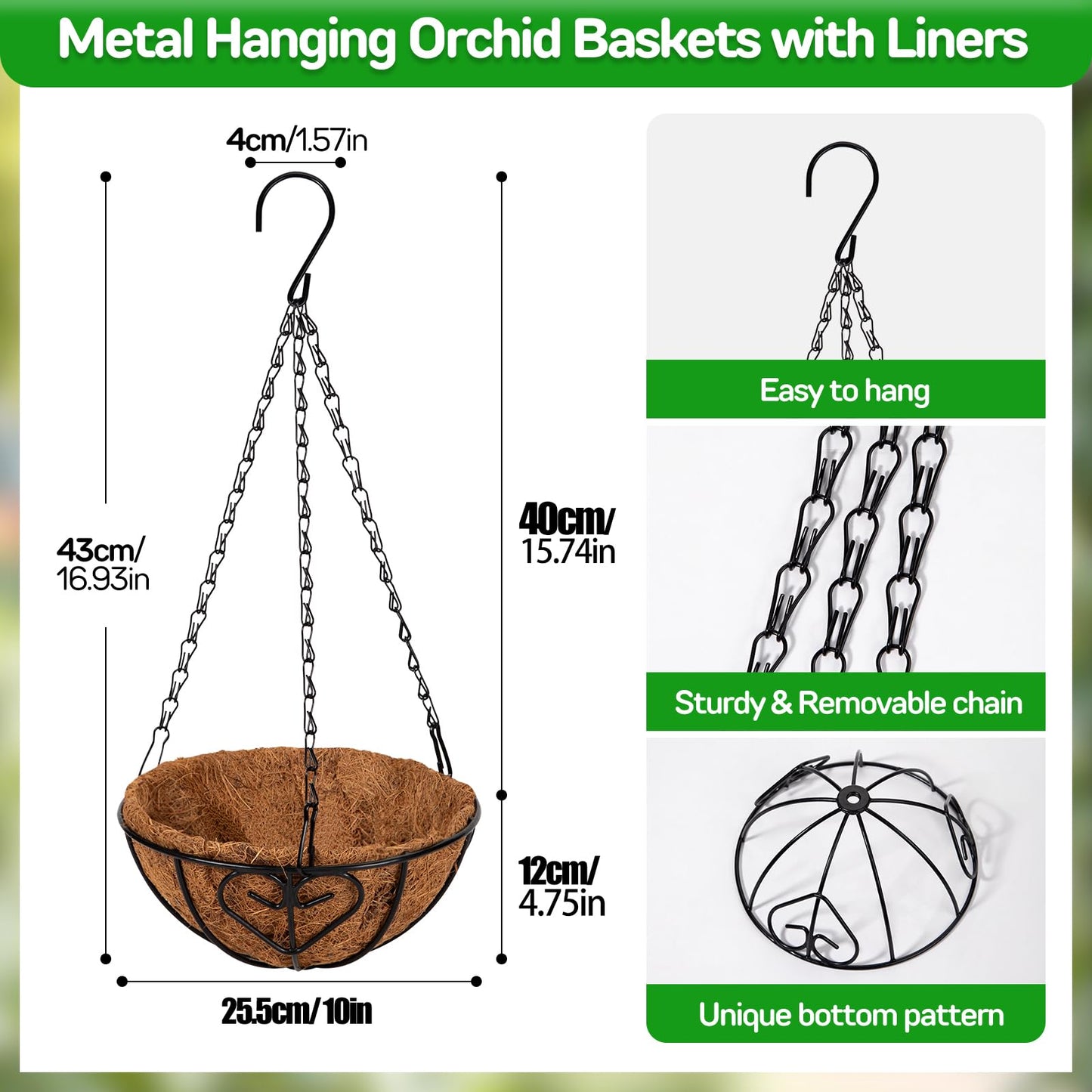 QCQHDU 2 Pack 10 inch Metal Hanging Orchid Baskets for Plants Outdoor, Hanging Orchid Planter Basket with Coco Liners, Orchid Pots with Holes for Garden, Patio, Deck, Porch Plants(Love)