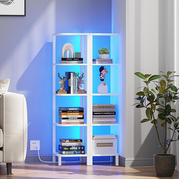 TUTOTAK Corner Shelf with LED Light, 5-Tier Corner Bookshelf