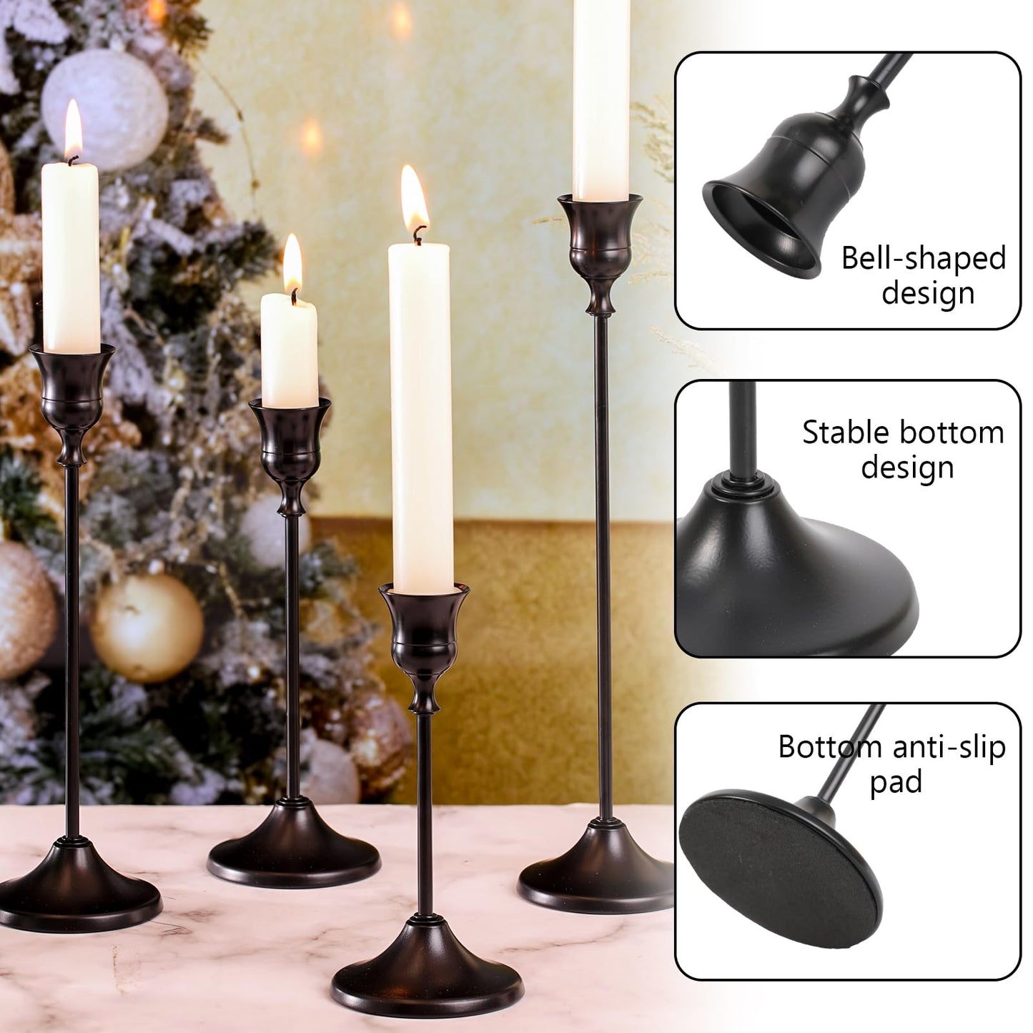 Sunnyfuture Candlestick Holders, 4PCS Taper Candle Holder for Candlesticks, Black Candle Holders for Table Centerpiece, Wedding, Party